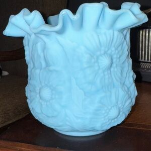Vintage Fenton Blue Satin Milk Glass Ruffeled Edge Poppy/ Daisey Floral vase.